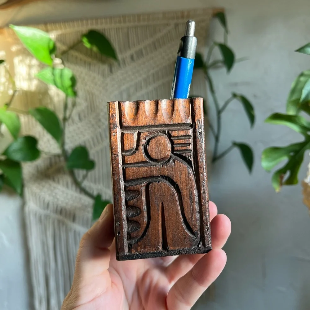 Vintage Hand-Carved Wooden Pen Holder | Boho Rustic Desk Organizer Artisan Wood